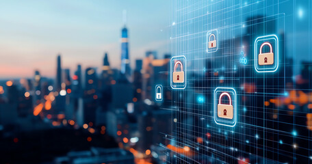Fototapeta premium Digital padlocks overlaying futuristic city skyline, symbolizing security and technology. vibrant city lights create dynamic backdrop, enhancing theme of digital protection