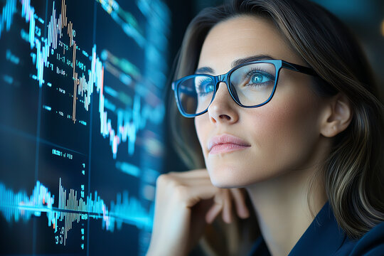 focused female programmer in glasses analyzes data on digital screen, showcasing her concentration and expertise in technology and finance