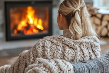 Cozy indoor retreat featuring a woman lost in thought, enveloped in textured knitwear, absorbing the soothing energy of a crackling fireplace and rustic surroundings.