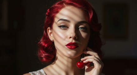 Fototapeta premium A woman with red hair and red lips holding a red cherry. Concept of elegance and sophistication, as the woman's makeup and hair are styled to complement the cherry