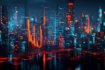 Fototapeta premium City skyline illuminated by futuristic data visuals reflecting a digital landscape at night