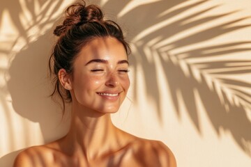 Young woman enjoying sunlight with shadows of tropical leaves on her skin. Generated AI