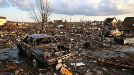 A devastated neighborhood is left in ruins, with twisted metal and shattered wood strewn across the ground after a ferocious tornado strike.