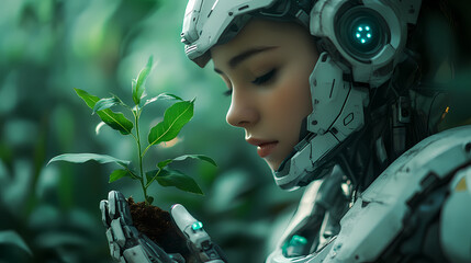 Humanoid Robot Holding Plant Seedling in Soft Green Lighting Symbolizing Harmony Between Technology and Nature