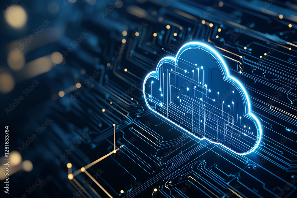 Poster digital cloud with circuit board patterns, symbolizing technology and connectivity. glowing blue cloud represents data storage and modern computing