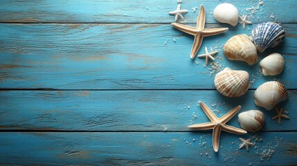 Seashells starfish sand blue wood summer background