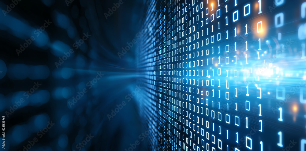 Aufkleber digital binary code flows in futuristic environment, representing technology and data. blue tones cr
