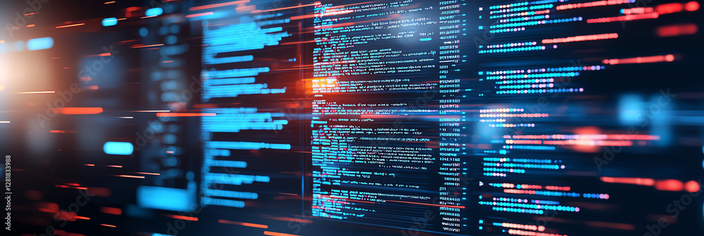 Poster digital data streams with vibrant colors and glowing code display