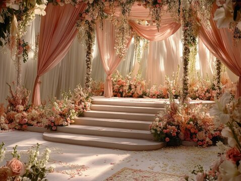 A beautiful indoor wedding stage with floral archway and steps, ready for the bride and groom to enter.
