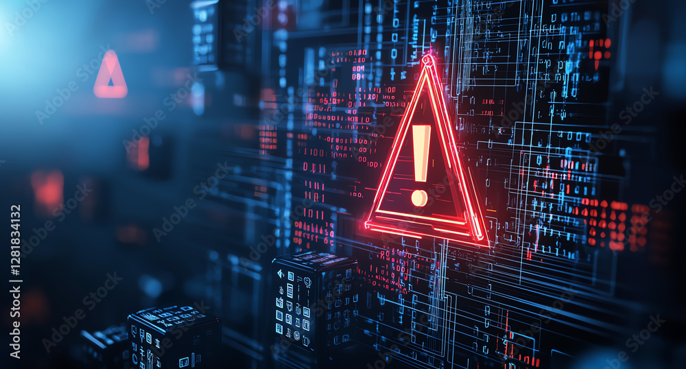 Aufkleber digital warning sign with glowing red triangle and exclamation mark, surrounded by abstract data pat