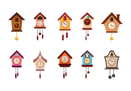 Brown Cuckoo Clock Retro Wooden Illustration Set