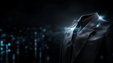 Obraz premium Mysterious futuristic digital suit with glowing blue light effects on dark background