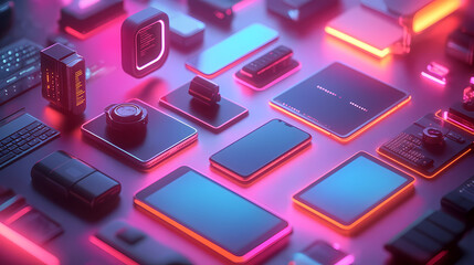 Futuristic Cyberpunk Isometric 3D Illustration of Floating Digital Devices on Pastel Gradient Background with Neon Accents
