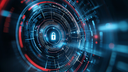 Digital lock icon in futuristic interface with glowing elements, symbolizing security and technology. vibrant colors create sense of innovation and protection