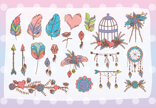 Colorful Boho Feathers Floral Decorative Elements Set