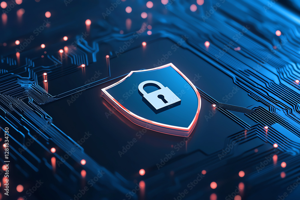 Poster 3d rendering of computer security concept featuring shield with padlock symbol, surrounded by circui
