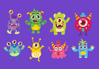 Colorful Cute Cartoon Monsters Illustration Set