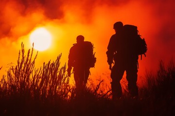 Fototapeta premium Two firefighters approach a blazing wildfire at sunset in a dramatic landscape
