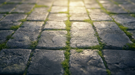 Bright moss growing on cobblestone pathway in sunlit atmosphere