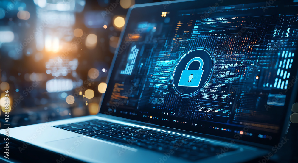 Poster laptop displaying digital lock symbol, representing cybersecurity and data protection. background fe