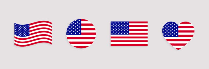 US flag vector set. Geometric shapes. USA official symbols collection. Web, national, travel, patriotic design elements. rectangle, round, love heart and waved flagstaff isolated icons