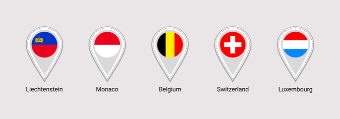 European states flags map pins isolated icons vector illustration. Switzerland, Belgium, Monaco, Luxembourg, Liechtenstein official symbols stickers signs. Europe countries location point marker badge