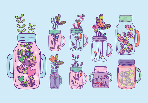 Colorful Cute Mason Jars Botanical Illustration Set