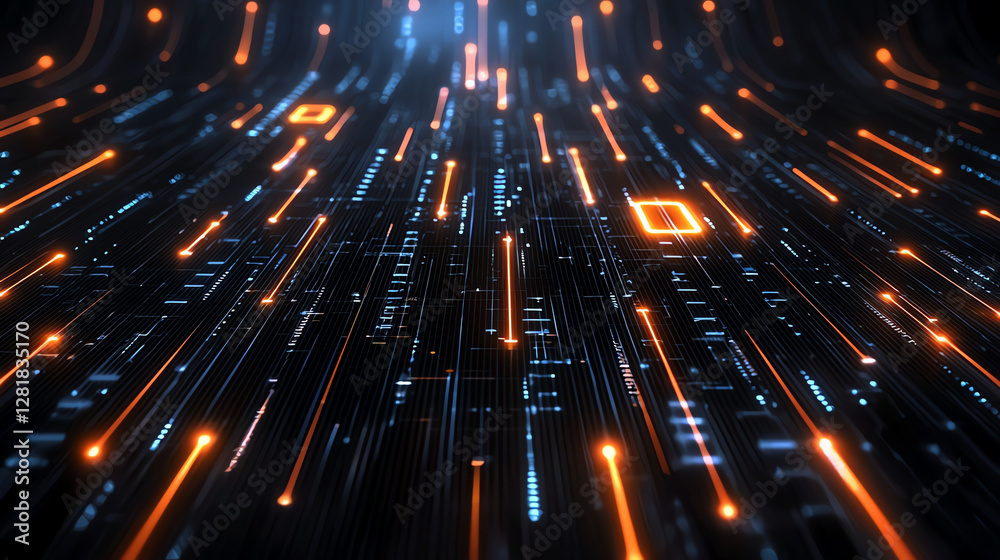 Poster digital data streams with glowing lines and binary code create futuristic cyber environment. vibrant