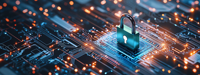 3D illustration of green lock on circuit board, symbolizing digital security and technology. vibrant colors and intricate details evoke sense of innovation and protection