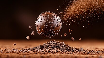 A decadent chocolate truffle, suspended in mid-air, surrounded by cocoa powder. Pure indulgence!