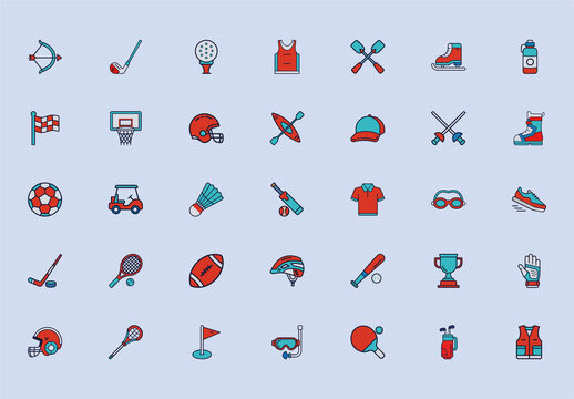 Orange and Blue Sports Equipment Activity Icons Set
