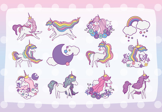 Colorful Rainbow Unicorn Fantasy Magical Illustration Set