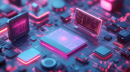 Futuristic Cyberpunk Isometric 3D Illustration of Floating Digital Devices on Pastel Gradient Background with Neon Accents