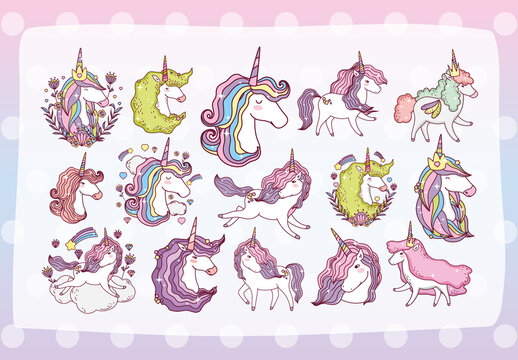 Pink and Purple Cute Unicorn Fantasy Magical Illustration Set