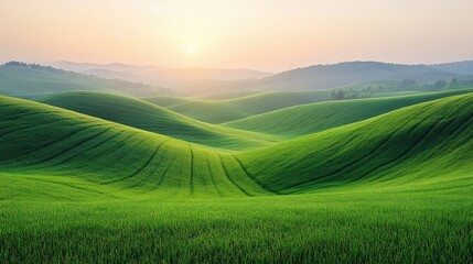Fototapeta premium Serene sunrise over rolling green hills, showcasing nature's beauty and tranquility