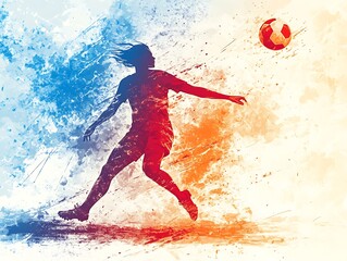 Woman kicks soccer ball, action, splash background, sports
