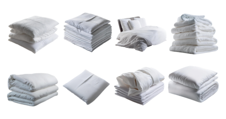 White Bedding and Pillow Collection on a Transparent Background, isolated on transparent background