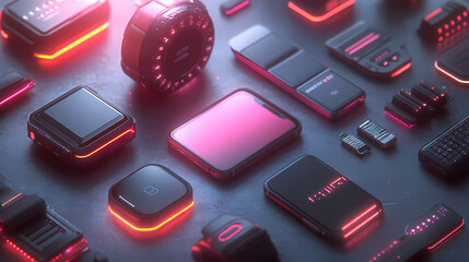 Futuristic Cyberpunk Isometric 3D Illustration of Floating Digital Devices on Pastel Gradient Background with Neon Accents