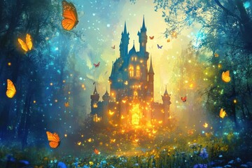 Obraz premium mysterious enchanted castle glowing amid dark forest with vibrant butterflies. magical fantasy theme. fairytale atmosphere. book cover, poster, greeting card.