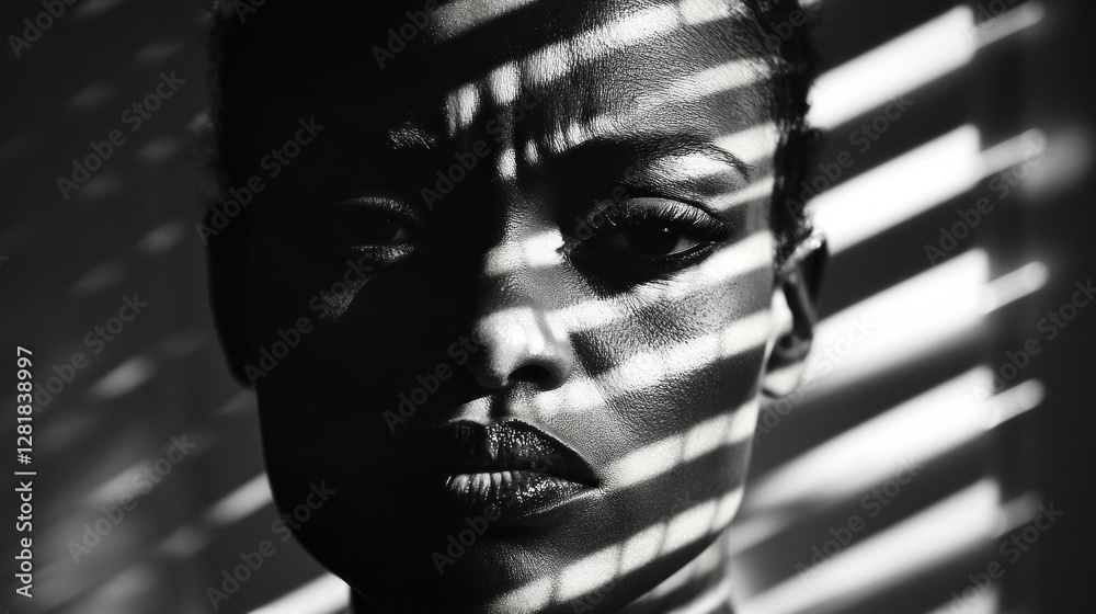 Poster in a serene space, a woman's face emerges softly against a backdrop of dappled light, casting intric