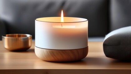 A modern candle holder mockup with a sleek design, placed on a coffee table with a lit candle, creating a warm and stylish ambiance—perfect for home decor, interior design, and lifestyle branding.
