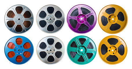 Colorful Vintage Film Reels in Circular Arrangement on White Background, isolated on transparent background