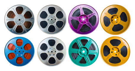 Colorful Vintage Film Reels in Circular Arrangement on White Background, isolated on transparent background