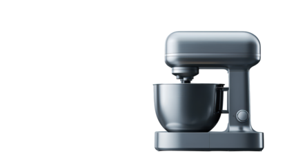 Gleaming silver stand mixer, a baker's essential tool on striking black background