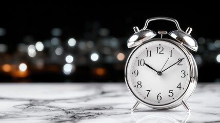 Alarm clock on marble, city lights background, time management concept, website banner