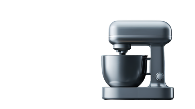 Gleaming silver stand mixer, a baker's essential tool on striking black background