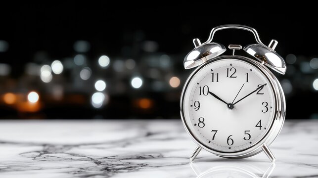 Alarm clock on marble, city lights background, time management concept, website banner
