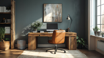 Photorealistic Modern Home Office Interior with Wooden Desk, Vintage Lamp, and Abstract Wall Art in Cozy Daylight Ambiance
