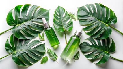 Fototapeta premium Green Beauty Product Flatlay Monstera Leaves and Serum Bottles, Organic Skincare, Natural Cosmetics Organic,Botanical