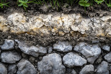 Fototapeta premium Detailed Close Up of Soil Layers Cracked Clay and Stone Wall Texture